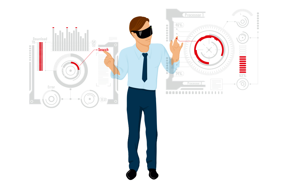 A man using virtual reality headsets to analyze and compare data on two screens.